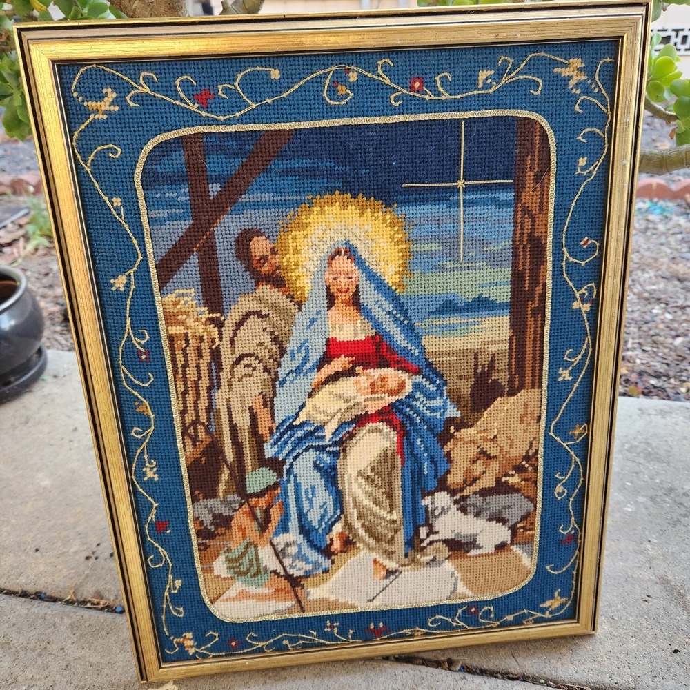 Vtg Nativity Scene Needlepoint Finished art‎ Framed 15.5 X 19.5" Birth Of Christ